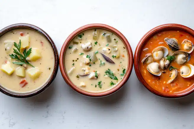 What are the three types of clam chowder?