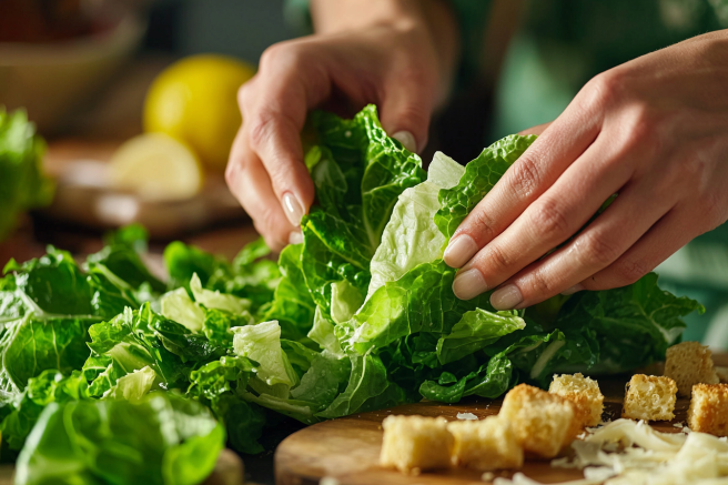 Do you cut or tear lettuce for Caesar salad?